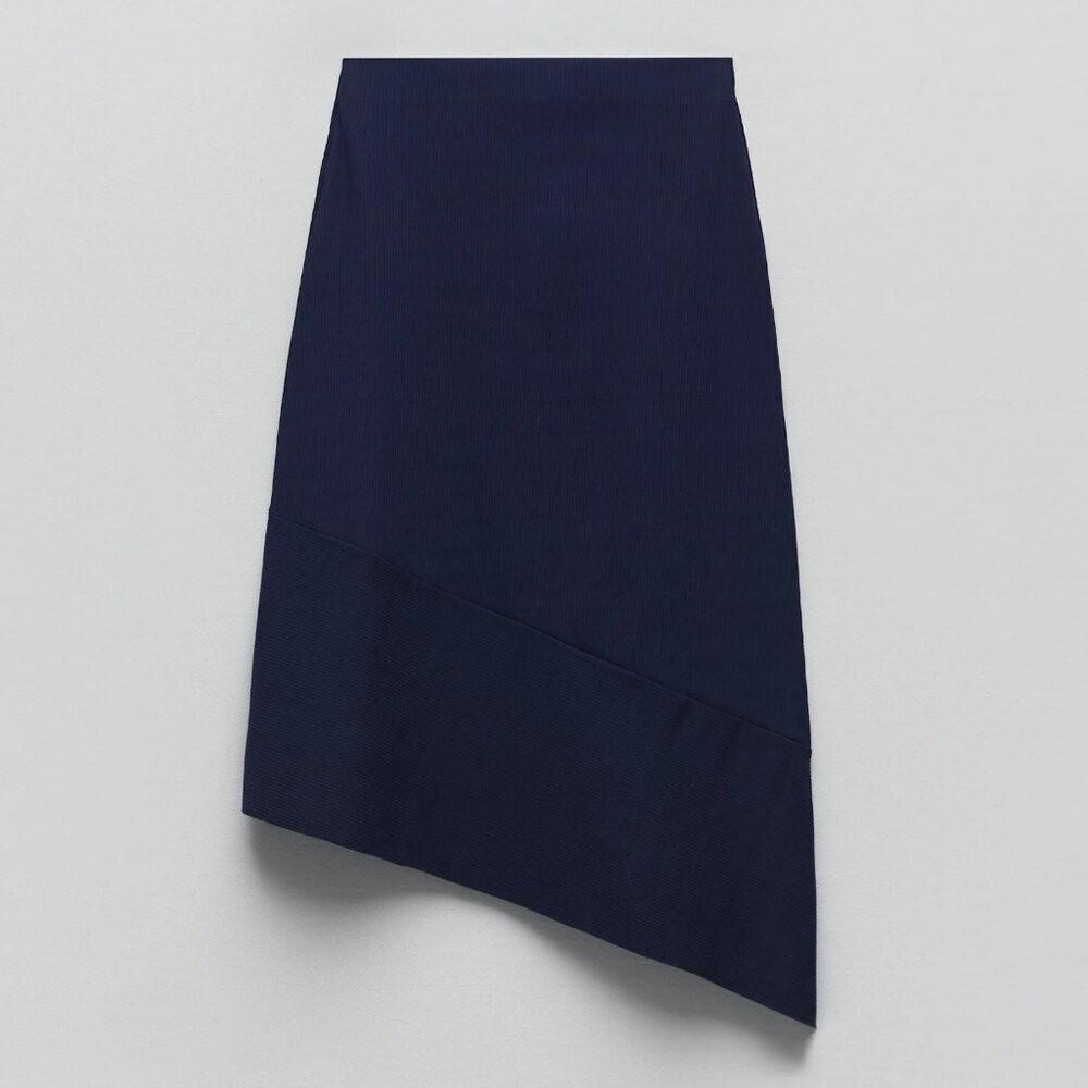 NWT New Zara Asymmetrical Ribbed Knit Navy Viscose Skirt Size L